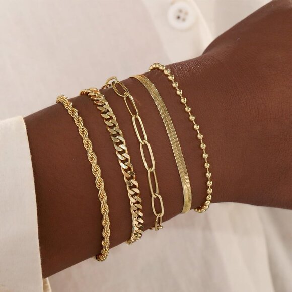 Gold Bracelet Set for Women Layered Link Rope Herringbone Adjustable Jewelry - Picture 2 of 6